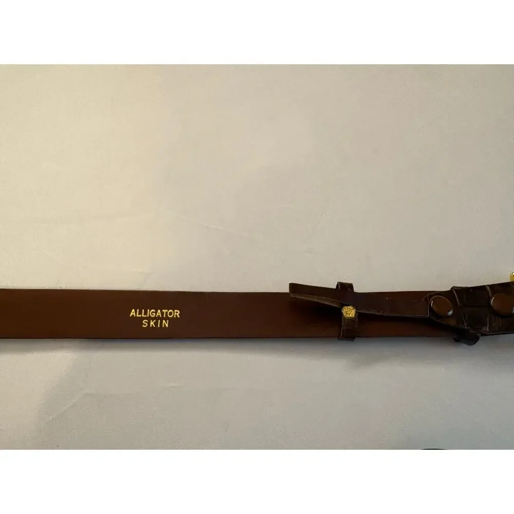 Vintage Brown Genuine Alligator Skin Belt Gold Tone Buckle 36 Old Money Class